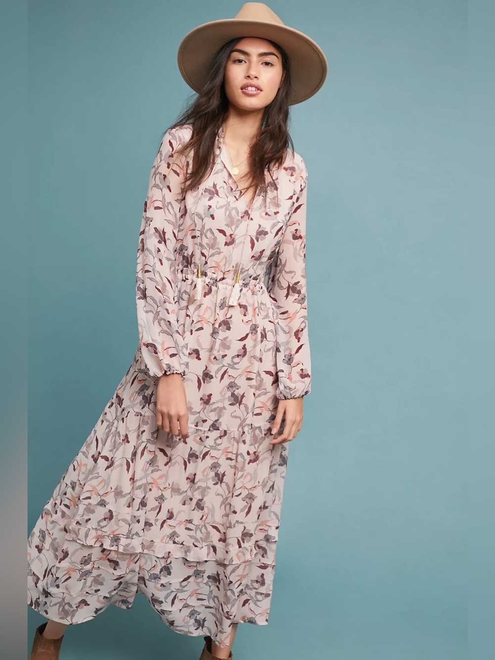 Dolan Left Coast for Anthropologie 100% Silk Long Sleeve Maxi Dress | Size XS